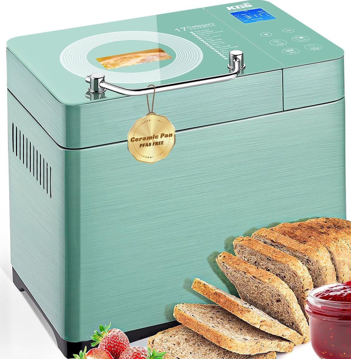 KBS 710W Convection Bread Maker Dual Heaters,2.2LB Bread Machine with Healthy Ceramic Pan&Auto Fruit Dispenser,17-in-1 Bread Maker Machine Gluten Free,Stainless Steel 15H Timer&Keep Warm, Touch Panel
