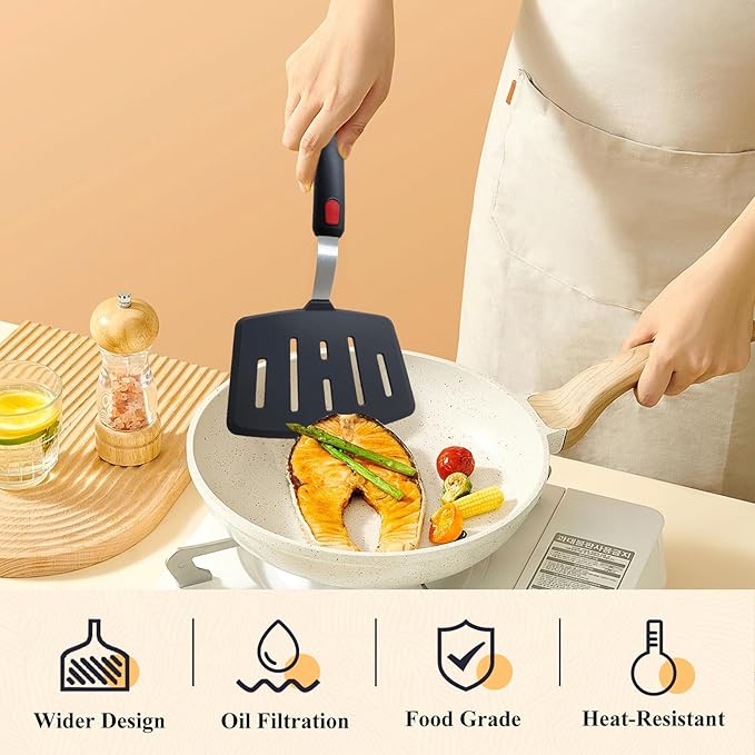 Silicone Spatula Turner, Heat Resistant Pancake Spatulas for Nonstick Cookware Pan, Wide Slotted Cooking Spatula for Frying Omelette, Egg, Fish and Kitchen Use, Thin Flexible Dishwasher Safe, Black