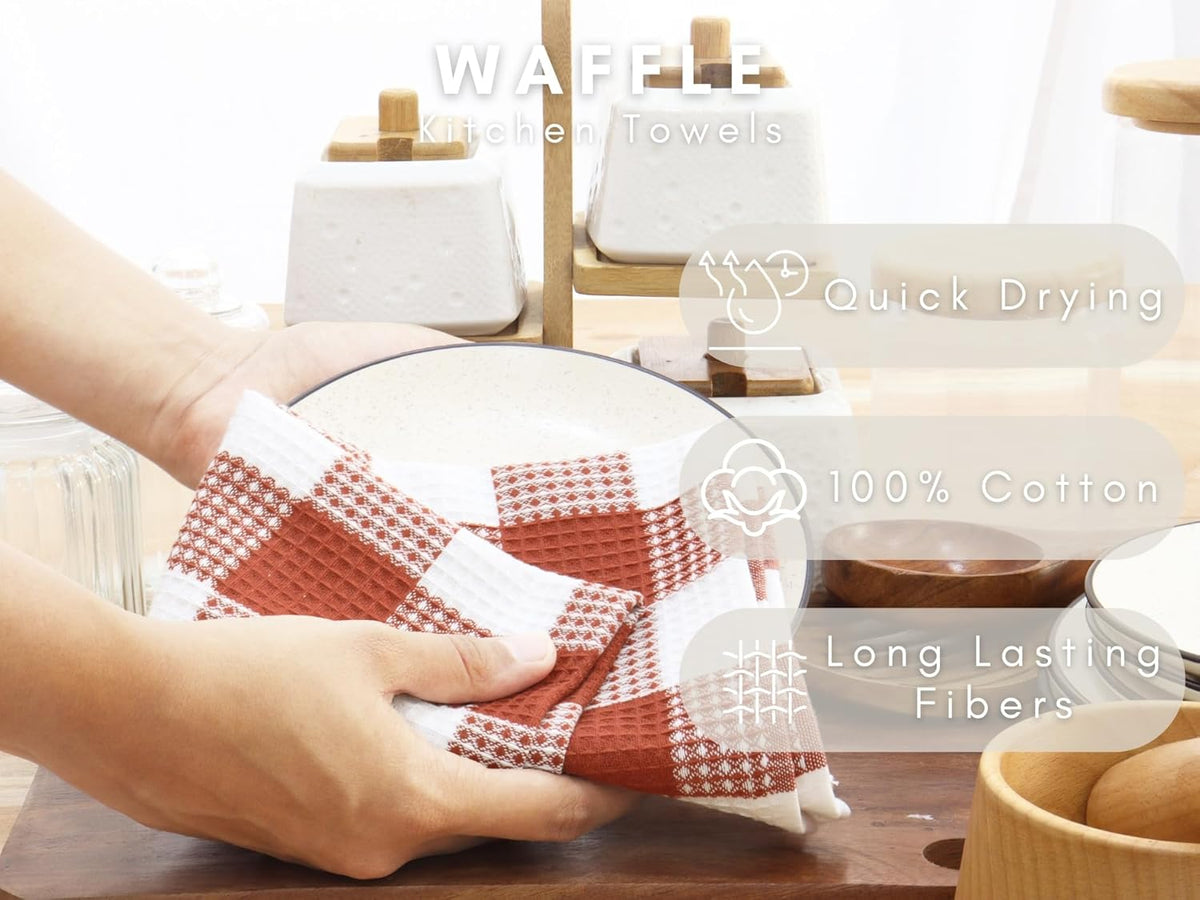 PurpleEssences Rust 100% Cotton Waffle Weave Check Plaid Kitchen Towels, Super Soft and Absorbent Dish Towels for Drying Dishes 15 x 25-4 Pack - Spring Summer - Rust and White