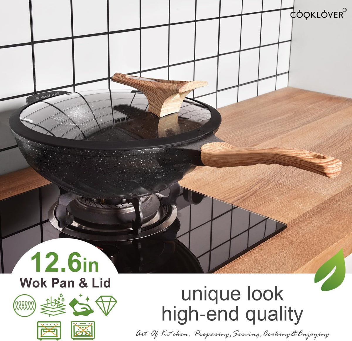 COOKLOVER Nonstick Woks And Stir Fry Pans Die-cast Aluminum Scratch Resistant 100% PFOA Free Induction Wok pan with Lid 12.6 Inch - Black