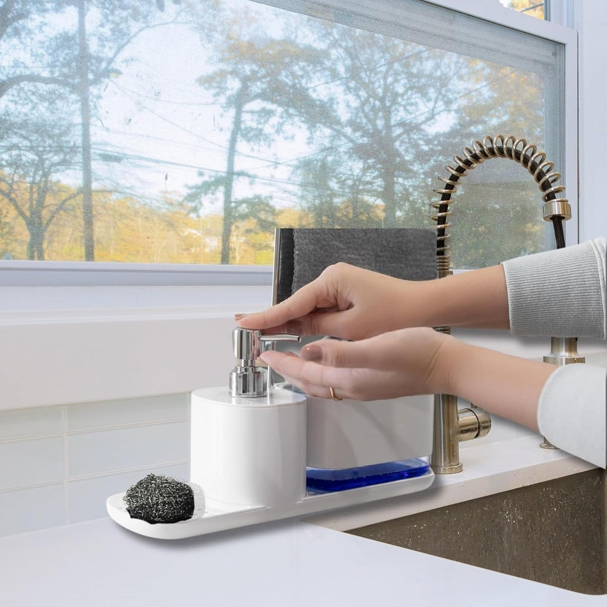 Kitchen Soap Dispenser Set with Sink Caddy-Hand and Dish Soap Dispenser with Sponge,Crevice Cleaning Brush,stailess Steel Scrubber, Sponge and discloth Holder 5-in-1 Organizer Set (White)