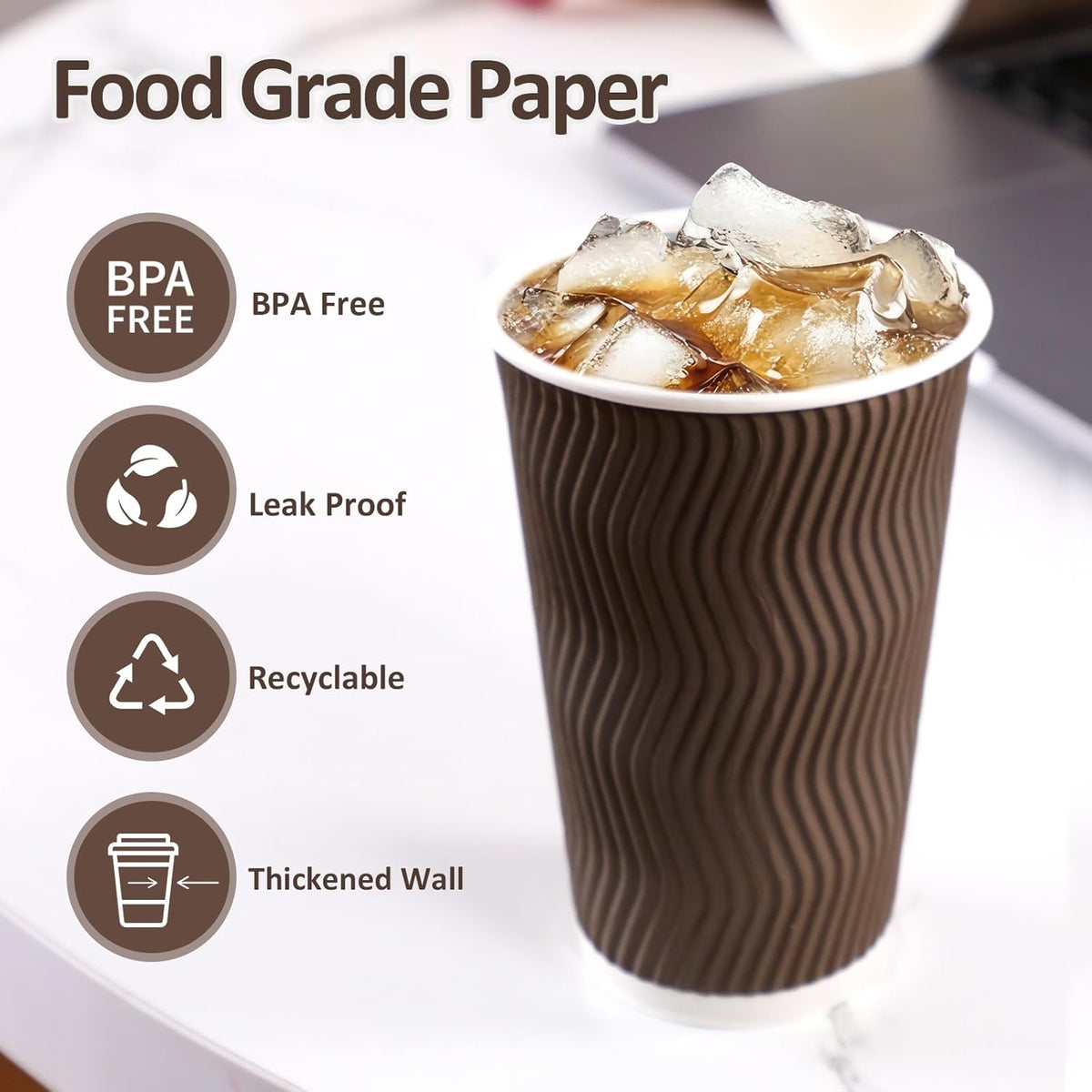 16 oz Coffee Cups Disposable, 90 Count Insulated Paper Coffee Cups, Corrugated Ripple Wall Design Paper Cup, Hot Cold Drinking Cup for Party, Picnic, Travel, Business, Home