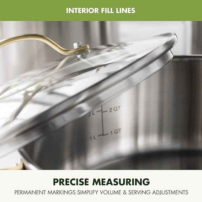 GreenPan Stainless Steel Cookware Set, 11 Piece, Induction Cookware, Dishwasher Safe, Oven Safe to 600F, Large 8QT Stock Pot, Sauce, Saute, Frying Pans, Pots & Pans Kitchen Essentials, Gold