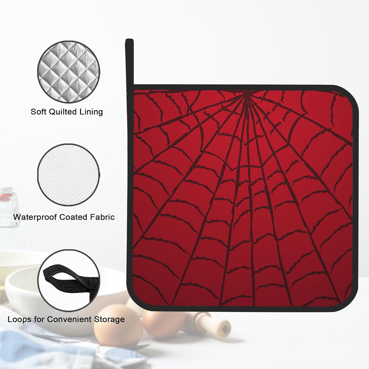 Pot Holder Set of 2,Spider Web Cool Red Black Kitchen Heat Resistant Potholder for BBQ Cooking Baking,Food Hot Pat for Women Men Kitchen Wear