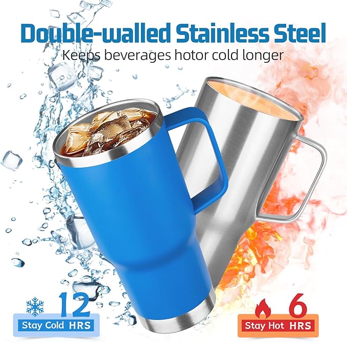 20 oz Tumbler with Handle Stainless Steel Insulated Coffee Mug Tumbler with Lid and Straw Double Wall Vacuum Insulated Coffee Mug Leak Proof Travel Mug Tumbler for Hot and Cold Drink (Sea Blue,4pack)