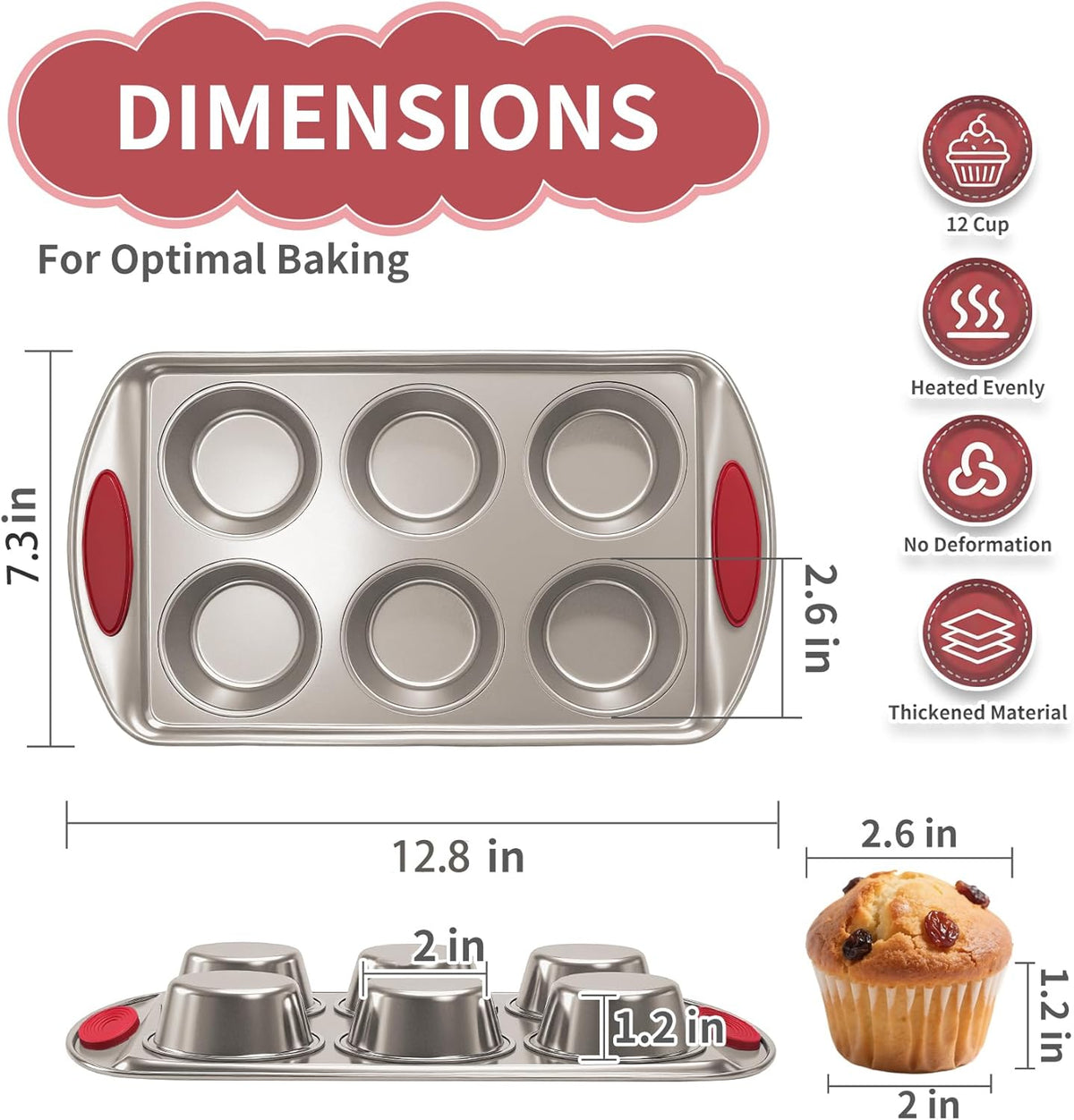 Muffin Pans 6-Cup, 2-Pack Nonstick 6 Tins Cupcake Pan with Silicone Grip Handles, Toaster Oven Baking Supplies Small Cheesecake Cup Cake Tray- Non-toxic & Dishwasher Safe