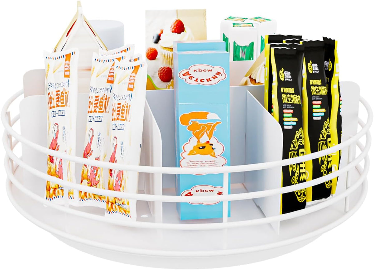 Snack Organizer - Versatile Snack Storage, Lazy Susan with Convenient Grab-and-Go Design, Metal Snack Holder for Home, Office, Breakroom, 11.85" L x 11.85" W x 4.17" H (White)