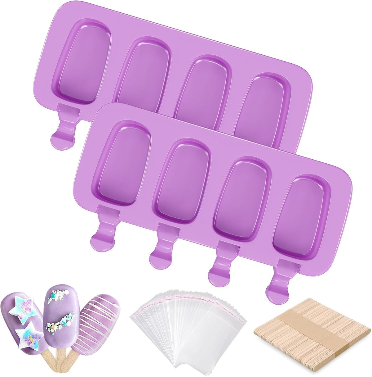 Ouddy Life Popsicle Molds Set of 2, Ice Pop Molds Silicone 4 Cavities Ice Cream Mold Oval Cake Pop Mold with 50 Wooden Sticks for DIY Popsicle (Purple) (Purple)