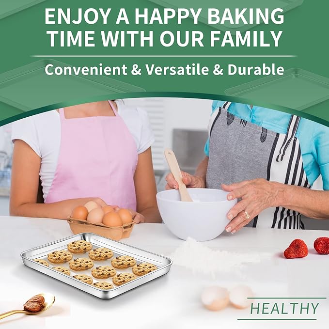 Baking Sheets Set of 2, HKJ Chef Cookie Sheets 2 Pieces Stainless Steel Baking Pans & Toaster Oven Tray Pans, Rectangle Size 9L x 7W x 1H inch & Non Toxic & Healthy & Easy Clean
