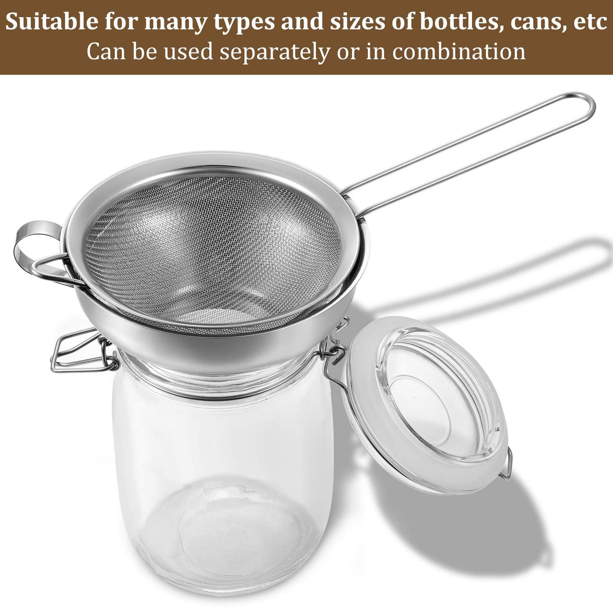 Boao 4 Pieces Stainless Steel Funnels with Fine Mesh Strainer, Household Kitchen Canning Funnels with Stainless Steel Colander