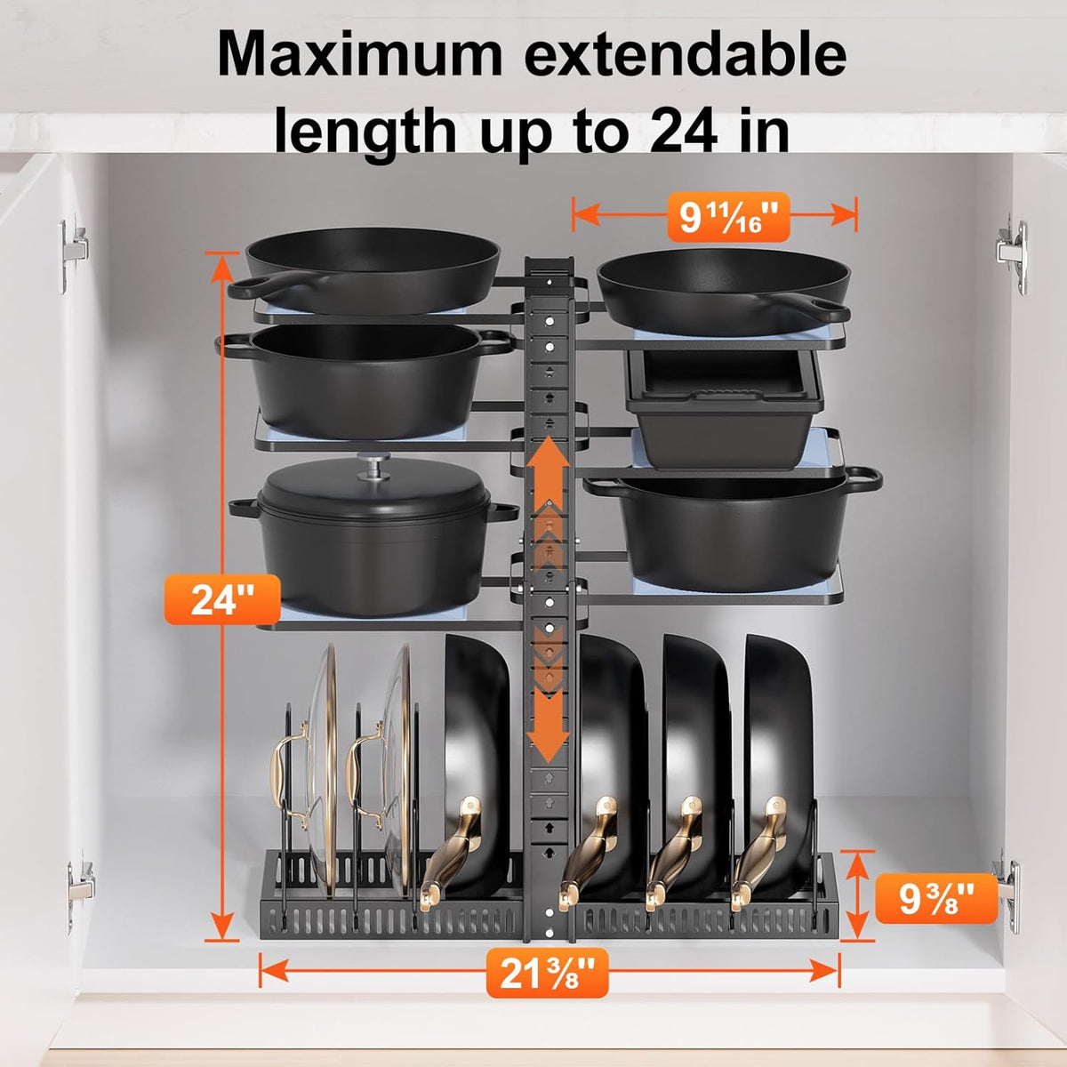 LAMU Pots and Pans Organizer under Cabinet, Pan Pot Organizers inside Cabinet with 6 Shelves and Pot Lid Organizer, Adjustable Height Up to 24", Holds up to 12 Pans Including Cast Iron Pot