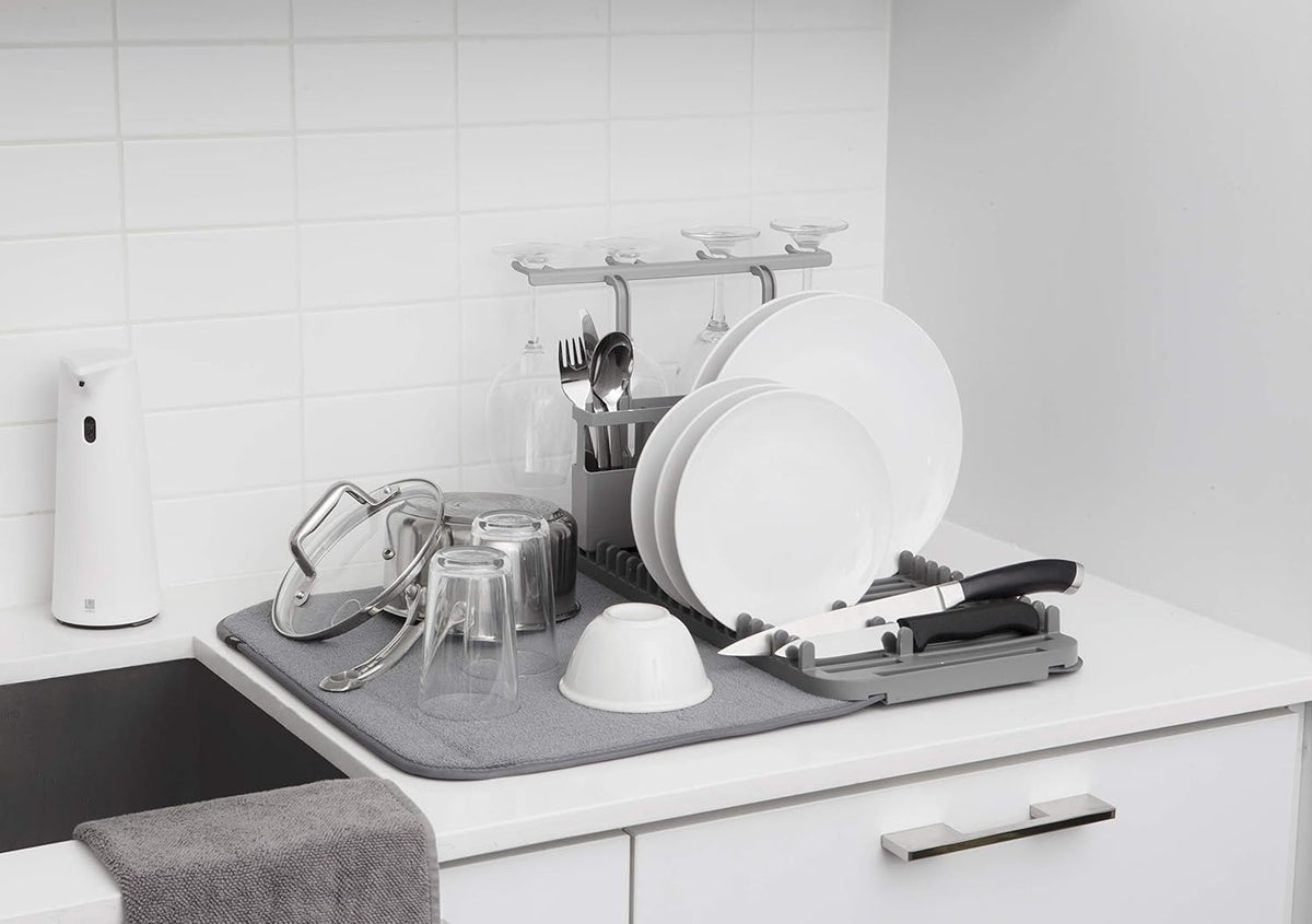 Umbra Udry Dish Rack and Microfiber Drying Mat – Space-Saving Design Folds Up for Easy Storage, Rack with Caddy, Gray