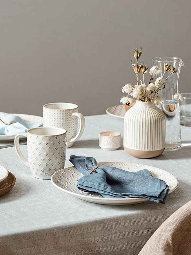 LE TAUCI 16 Piece Dinnerware Set, Arctic White, Stoneware Plates and Bowls With Mugs, Ideal for 4, Serve for 4, Stackable, Lead and Cadmium Free