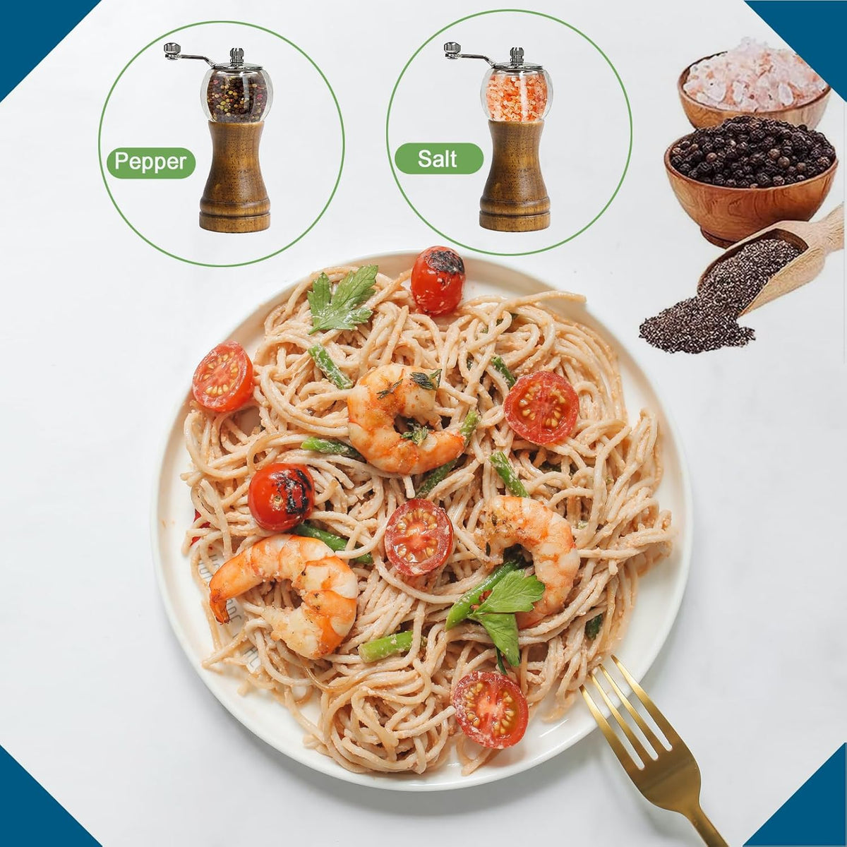 Pepper Mill Set，Manual Pepper Mills, Classical Hand Shake Wooden Pepper Grinder Set，Salt Mills，Wooden Pepper Mill，Ceramic Blades Metal Handle，Enjoy Fresh Ground Pepper (Walnut color 2pcs-6in)