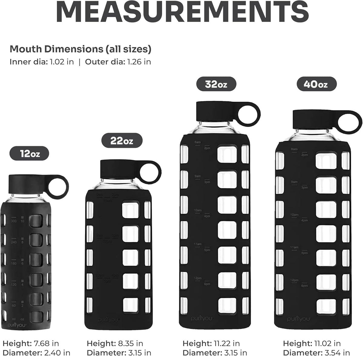 purifyou 40oz / 32oz / 22oz / 12oz Borosilicate Glass Water Bottle with Time & Volume Markers, Silicone Sleeve, Stainless Steel Lid – Reusable Glass Bottle for Water & Juice (22oz Jet Black)