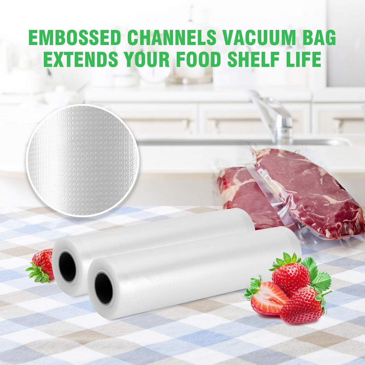 KOIOS Vacuum Sealer Bags for Food Vacuum Sealer Bags Rolls,8" x 16' Food Vacuum Rolls, Non-BPA Vacuum StorageBags for Food or Sous Vide, Seal a Meal, Heavy Duty (2 Rolls)