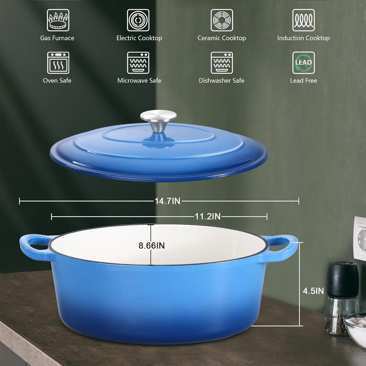 5QT Oval Dutch Oven Pot with Lid, Leonyo 5 Quart Enameled Oval Cast Iron Dutch Oven for Sourdough Bread Breaking, Heavy Duty Cookware for Braising, Stews, Roasting, Blue
