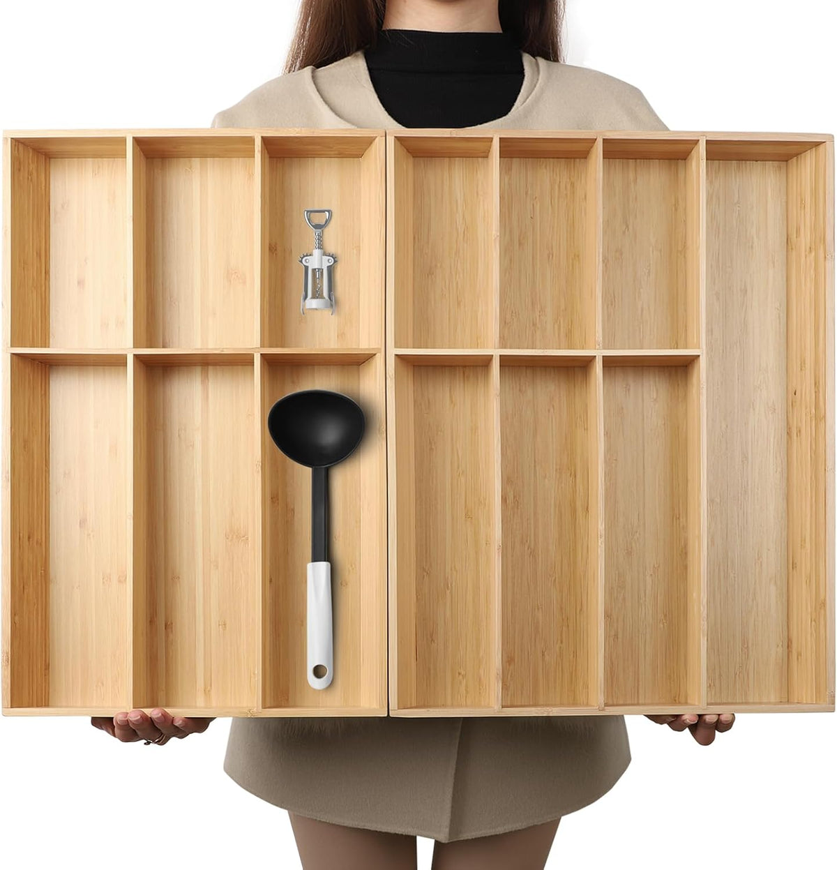 V-Shaped Extra Large Bamboo Drawer Organizer Set of 2, Kitchen Cutlery Tray Utensil Plate, Flatware&Silverware Storage Box, Wood Organizer for Bedroom, Living Room (19.6"x14.6" & 19.6"x12.4")