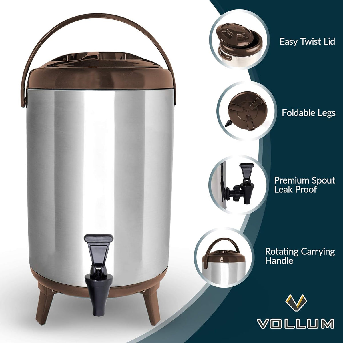 Stainless Steel Insulated Beverage Dispenser – Insulated Thermal Hot and Cold Coffee Carafe – 12 Liter Drink Dispenser with Spigot for Hot Water, Tea & Coffee, Cold Milk, Juice & More BROWN