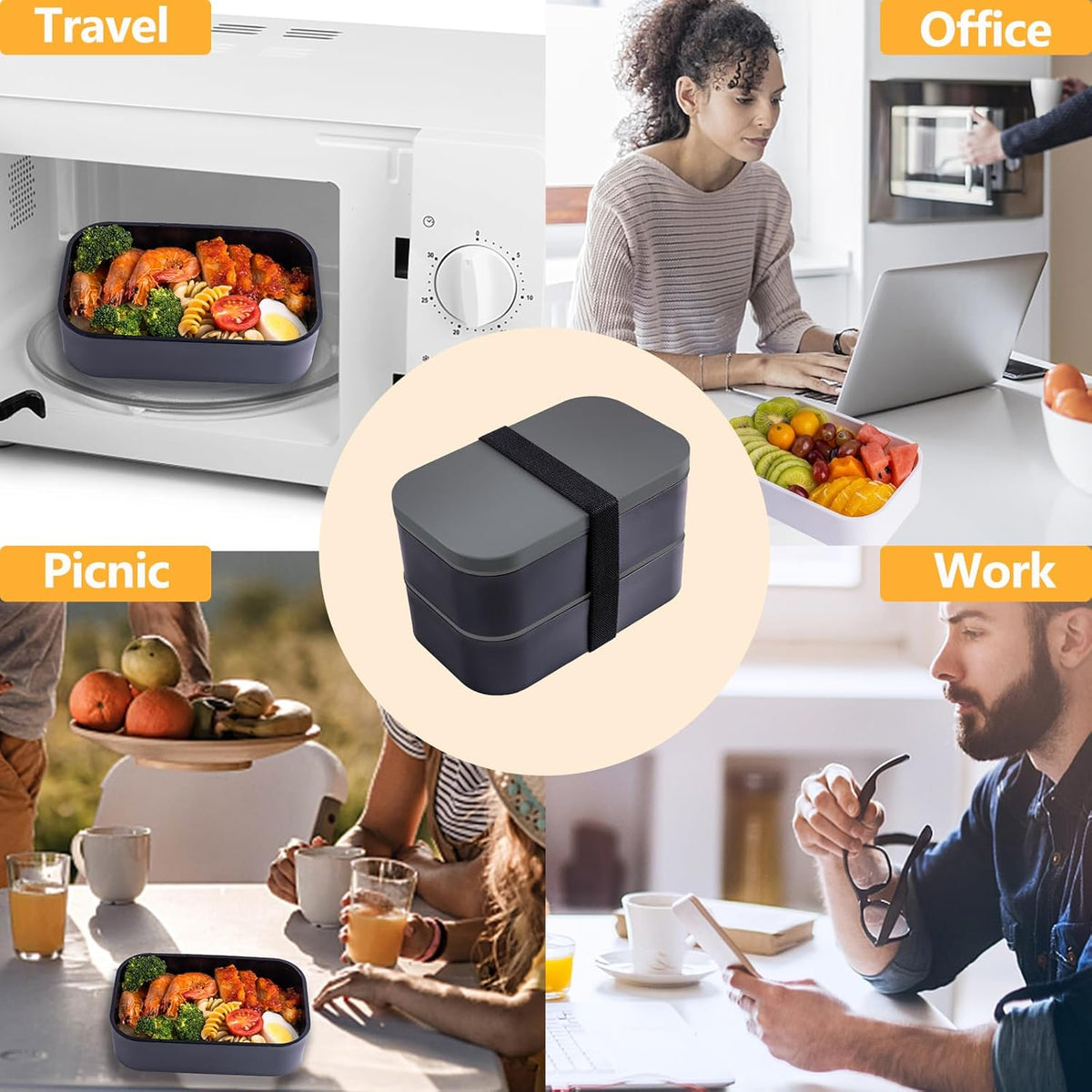Bento Box with Lunch Bag Microwavable All-in-One Meal Prep Compartment Lunch Containers with Utensils Leak Resistant Lunch Box with Sauce Container 60oz Gray