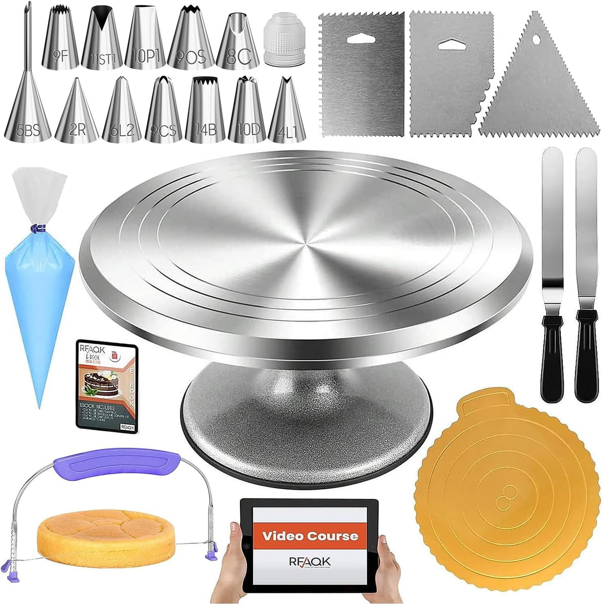 RFAQK 50PCs Cake Decorating Supplies Kit with 12" Aluminum Rotating Cake Turntable Stand, Professional Leveler, Straight & Offset Spatulas, 12 Numbered Icing Tips & Bags