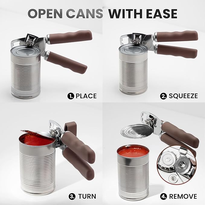 Zulay Kitchen Heavy Duty Stainless Steel Can Opener Manual with Bottle Opener - Rust Proof Manual Can Opener With Turn Knob & Comfy Soft Grip Handles - Brown