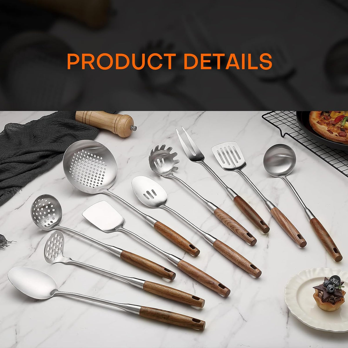 Lazycorner 304 Wooden Handle Stainlss Steel Kitchen Utensils Set 10 Pcs Cooking Utensils Set Heat Resistant Wooden Handle Kitchen Tools Metal Kitchen Utensil Spatula Sets