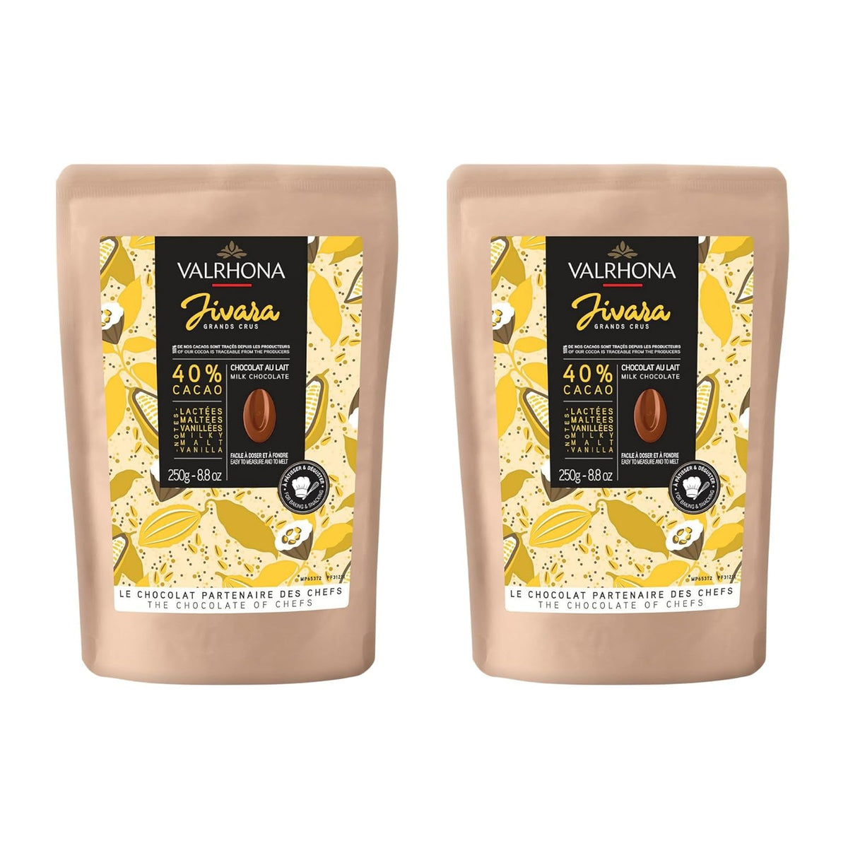 Valrhona Premium French Baking Creamy Milk Chocolate Discs (Feves). JIVARA 40% Cacao. Easy Melt and Tempering. Hints of Vanilla and Malt. For Cookies, Mousses, Frostings and Candies 250g (Pack of 2)