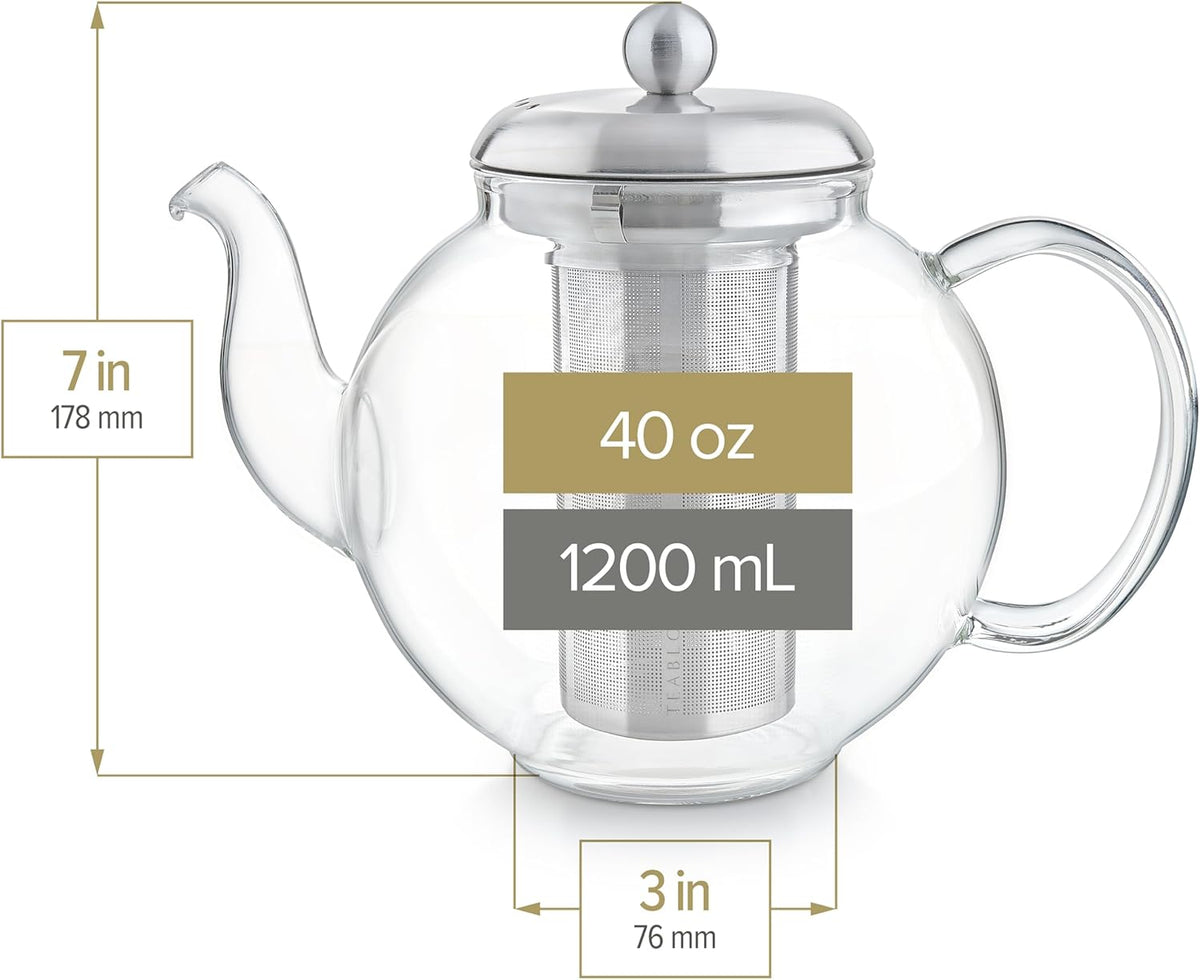 Teabloom Heritage Borosilicate Glass Teapot – 40 oz Classic Round Design with Stainless Steel Infuser – Stovetop Safe, Drip-Free Spout, Durable Heat-Resistant Tea Kettle for Loose Leaf or Teabags