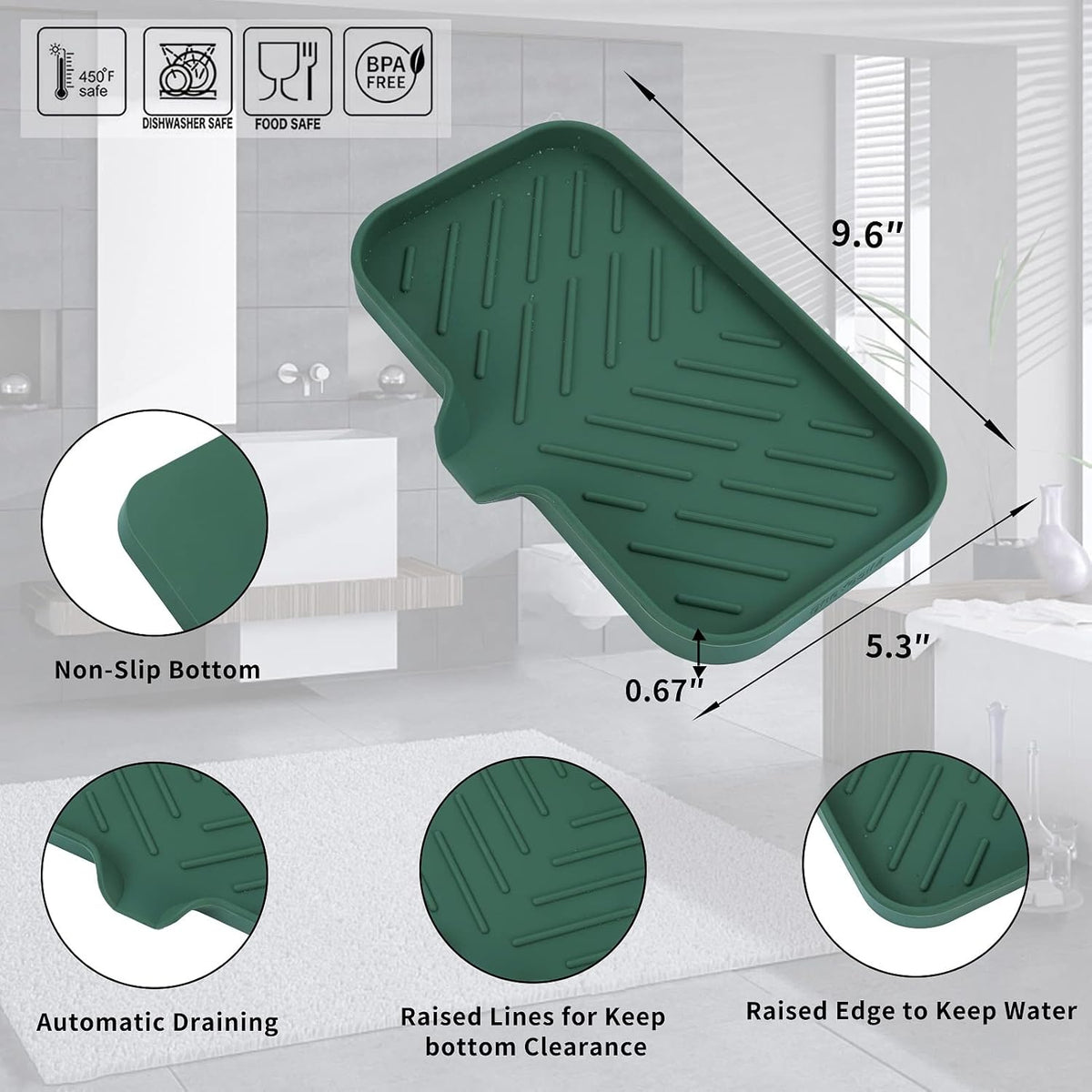Silicone Bathroom Soap Dishes with Drain Spout-Bathroom and Kitchen Sink Organizer,Sponge Holder,Dish Soap Tray,Perfect for Dispenser,Scrubber,Bottle,Cup on Sink or Counter-Green 9.6"×5.3"
