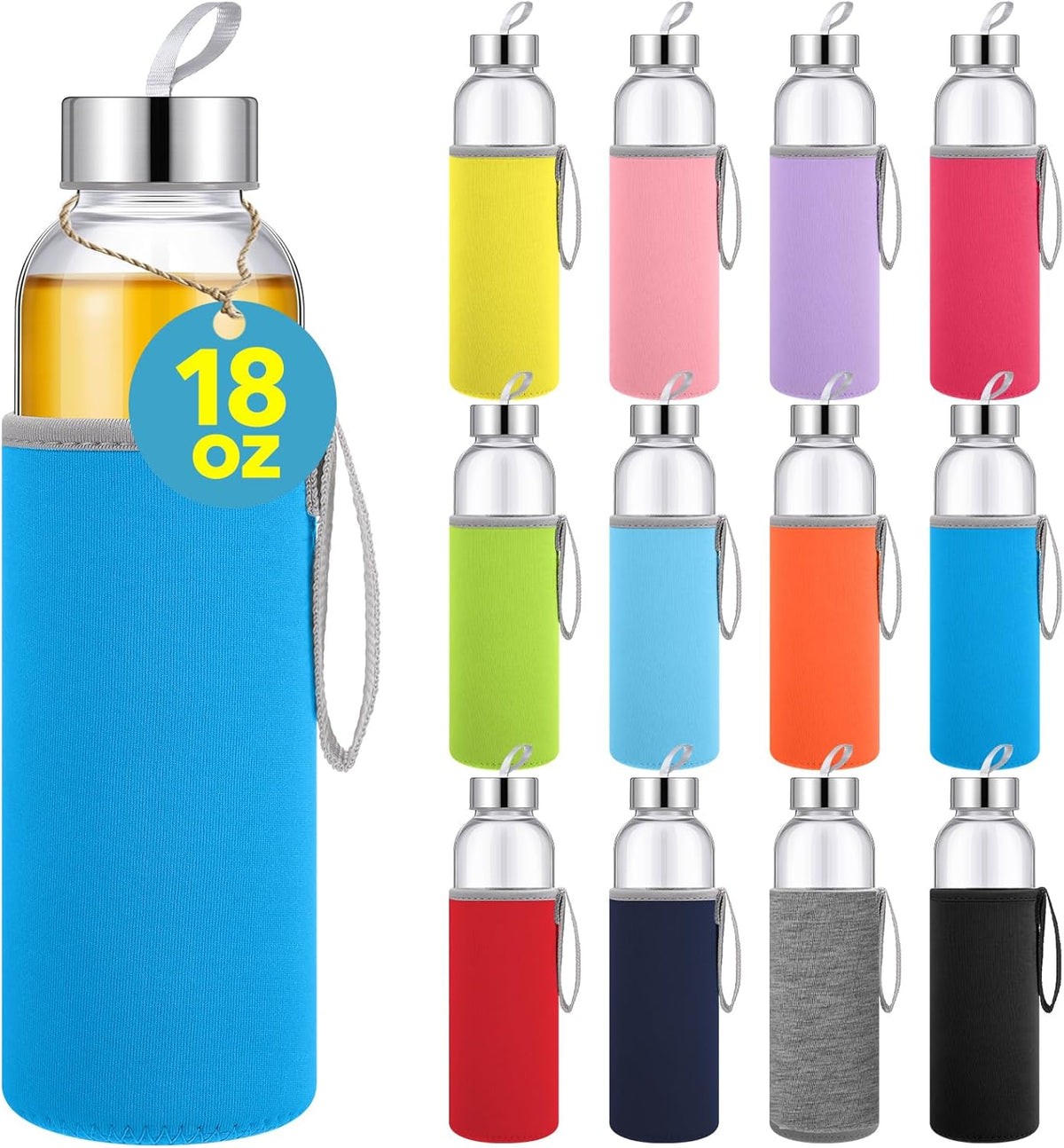Vesici 12 Set 18 oz Clear Glass Water Bottles, Reusable Glass Juicing Bottles with Protection Sleeve and Stainless Steel Leak Proof Lids for Milk Smoothie Juice Beverage Tea (Colorful,Stylish)