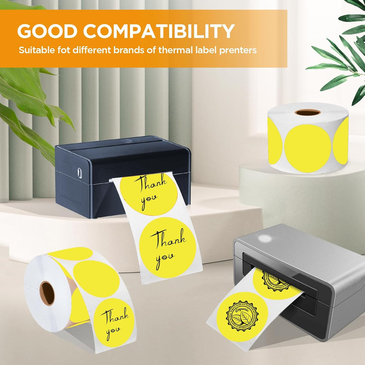 2 Inch Circle Thermal Sticker Labels, 2" Self-Adhesive Round Thermal Stickers for Business-750 Labels/1 Roll (Yellow)