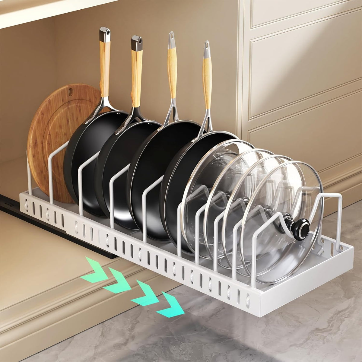 Pull Out Pots and Pans Organizer Under Cabinet, Expandable Sliding Lid Holder and Pan Rack for Kitchen, Slide Out inside Cabinet for Pot Lid, Bakeware, Dishes, 10 Adjustable Dividers, 1 Pack White