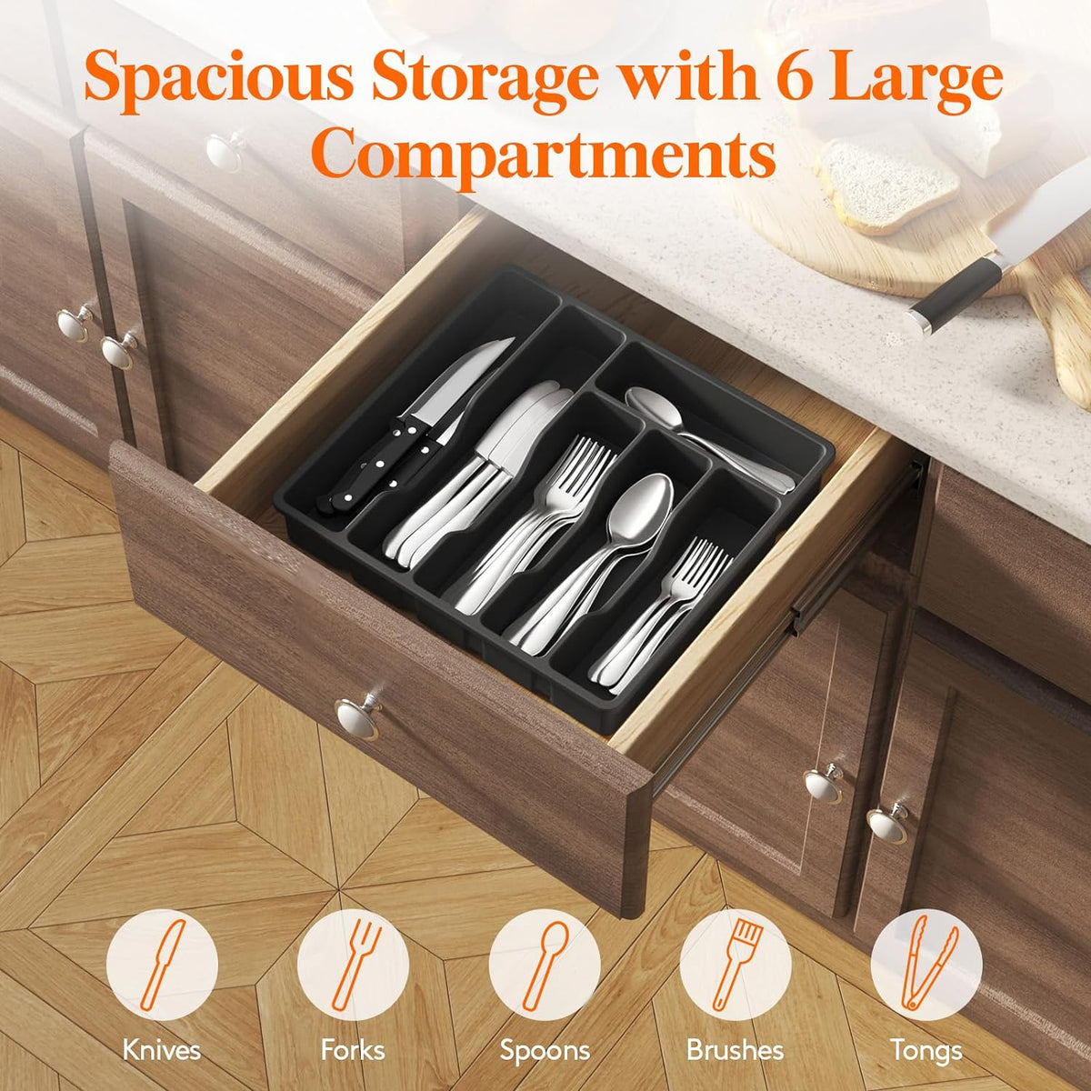 Lifewit Silverware Drawer Organizer Tray, Plastic Cutlery Storage for Kitchen Drawer, Flatware and Utensil Holder Divider for Spoons Forks Knives Tableware, 6 Compartment, Black
