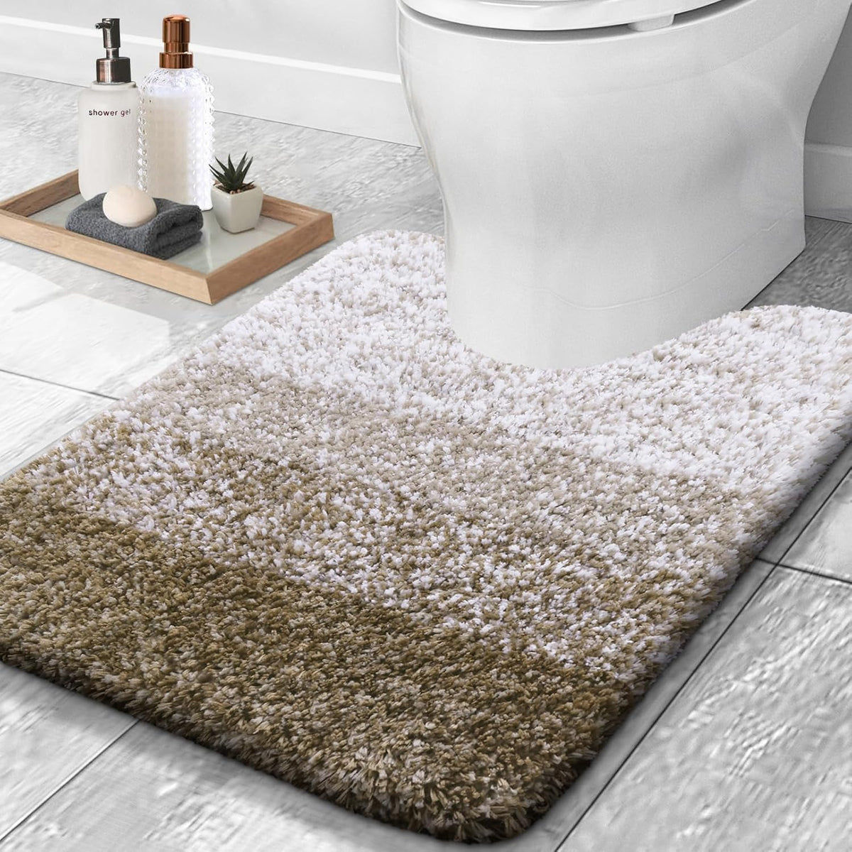 OLANLY Luxury Toilet Rugs U-Shaped 24x20, Extra Soft and Absorbent Microfiber Bathroom Rugs, Non-Slip Plush Shaggy Bath Mat, Machine Wash Dry, Contour Bathroom Mats for Toilet Base, Coffee