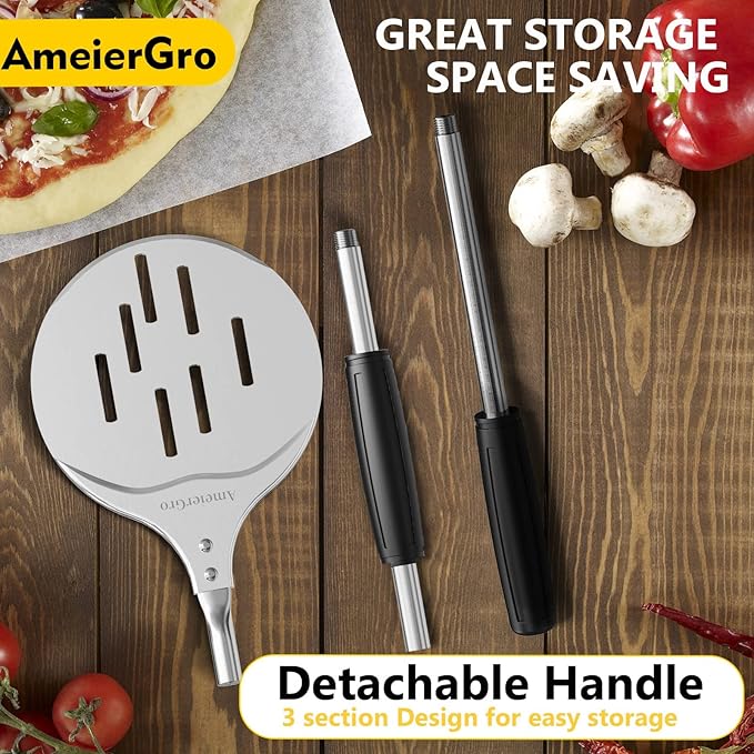 Pizza Peel - Perforated Turner, Adjustable Long Handle, Harden Anodizing, Oven Accessories