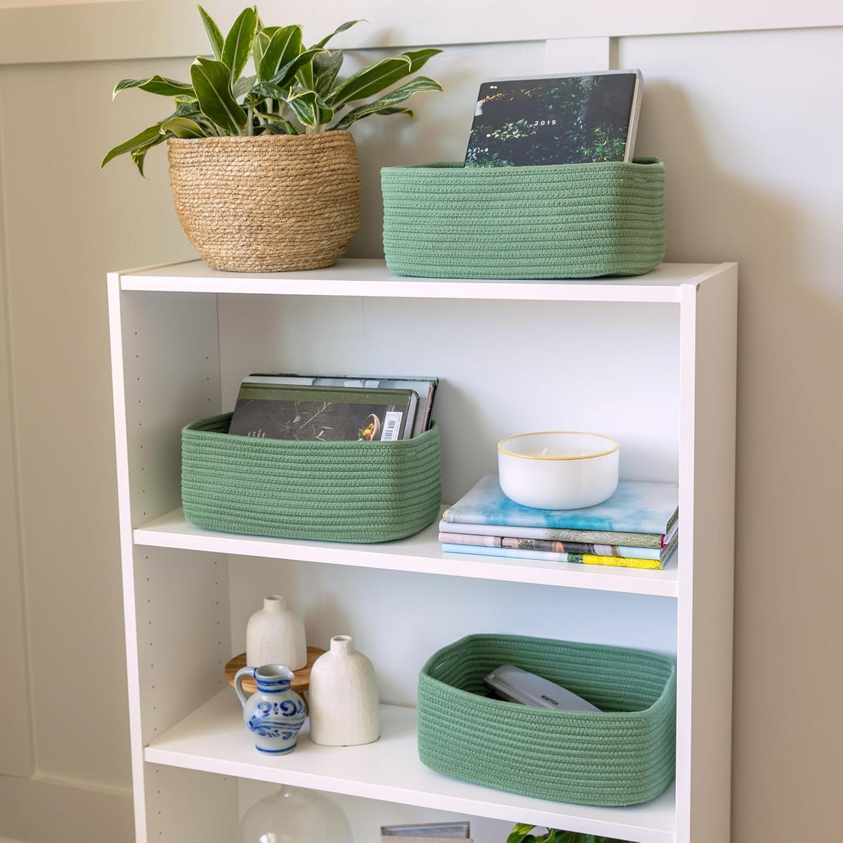 NaturalCozy 13.5”x8.5”x5.5” Rectangle Storage Baskets for Shelves 3 Pack | Cotton Rope Woven Small Baskets for Organizing | Small Storage Bins for Nursery, Bathroom, Closet, Shelf, Decorative