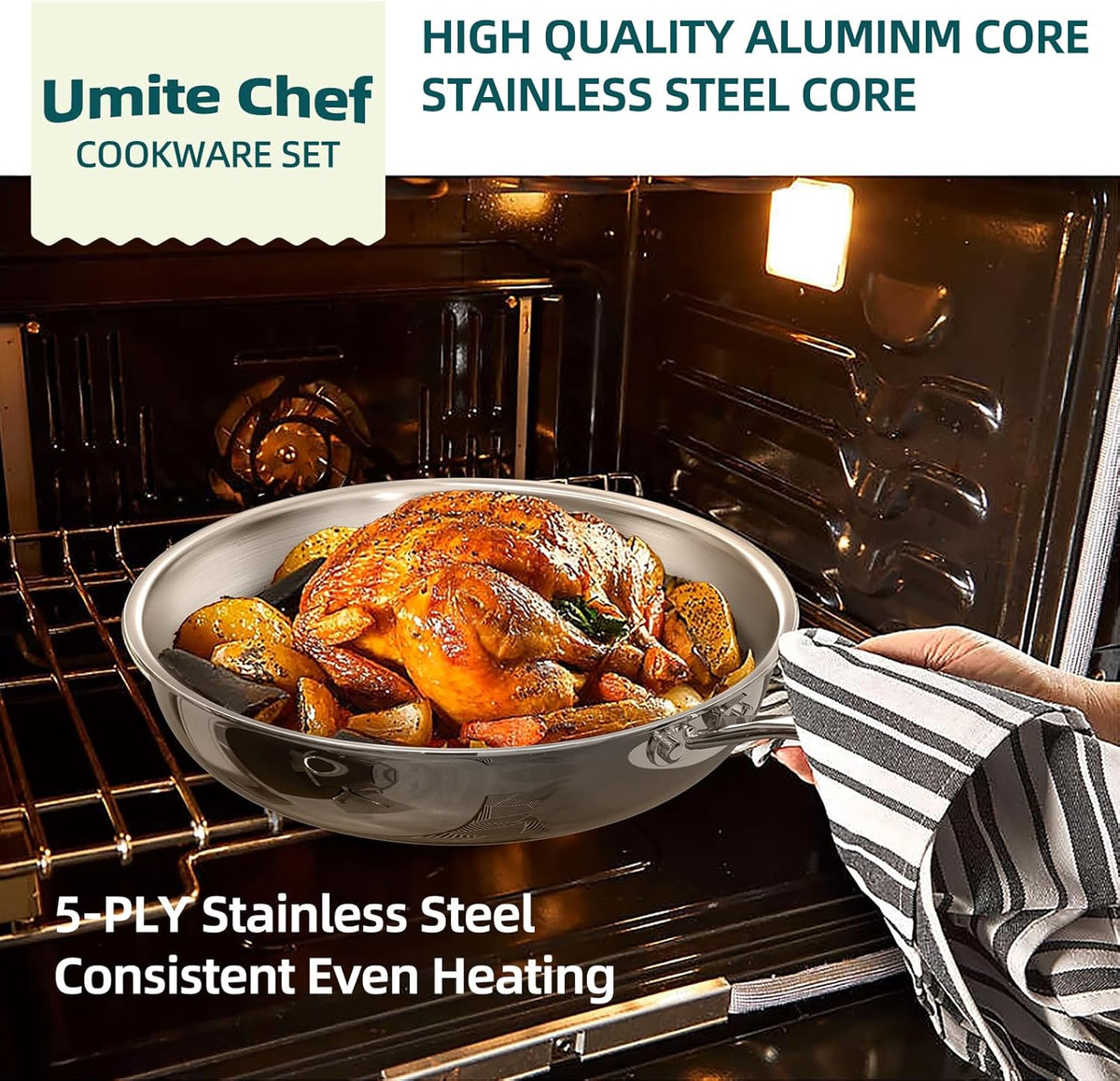 Umite Chef Stainless Steel Cookware Set, 5 Ply 14 Piece Stainless Steel Pot and Pan Set-Induction, Heavy Chef Quality, Oven Safe | Professional Kitchen Cooking Appliances, PFOA, PTFE & PFOS Free