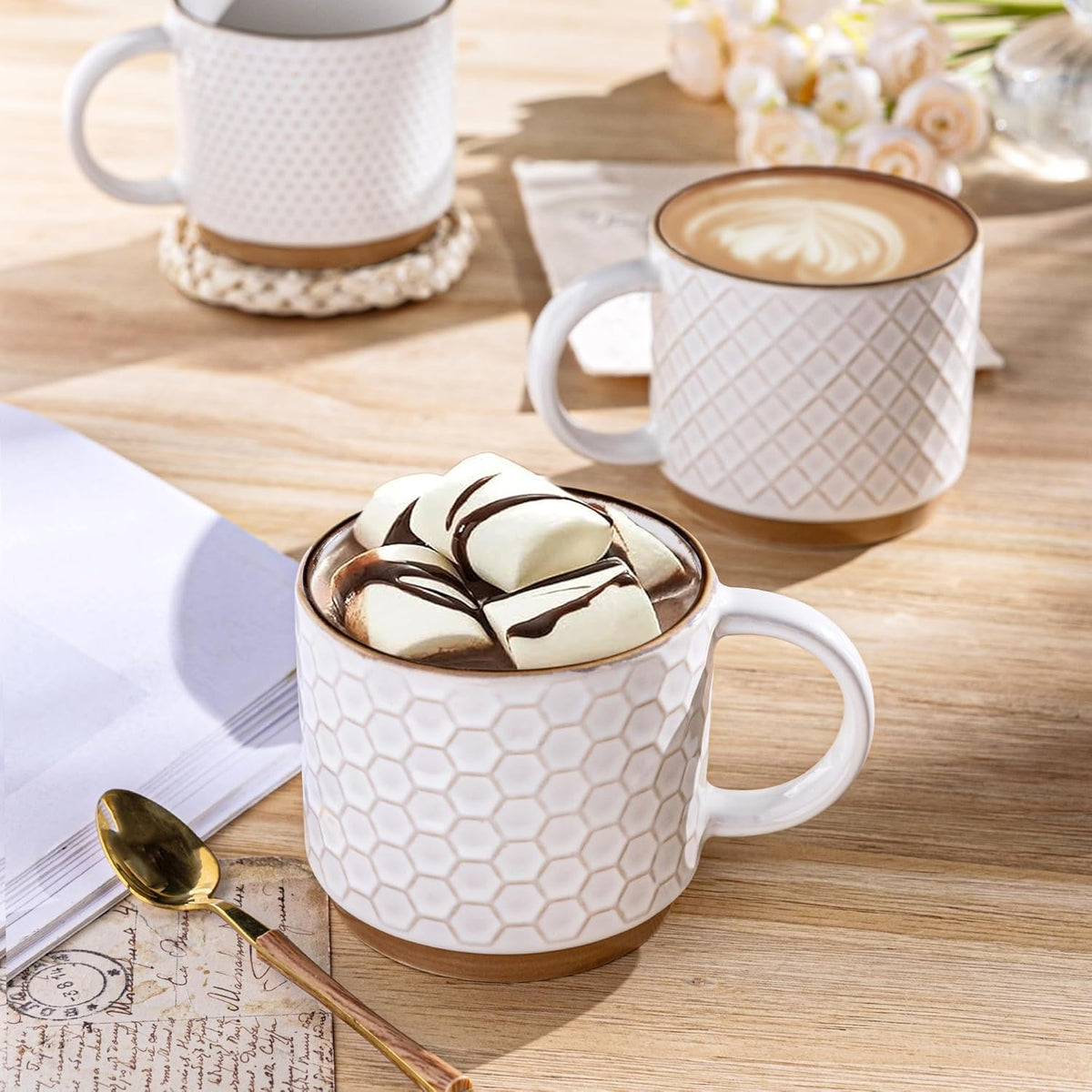 GBHOME 15OZ Stackable Coffee Mugs, Ceramic Coffee Mugs with Texture Patterns for Man,Woman,Dad,Mom, Modern Coffee Mugs Set of 4 for Latte/Cappuccino/Cocoa. Dishwasher&Microwave Safe, Off White