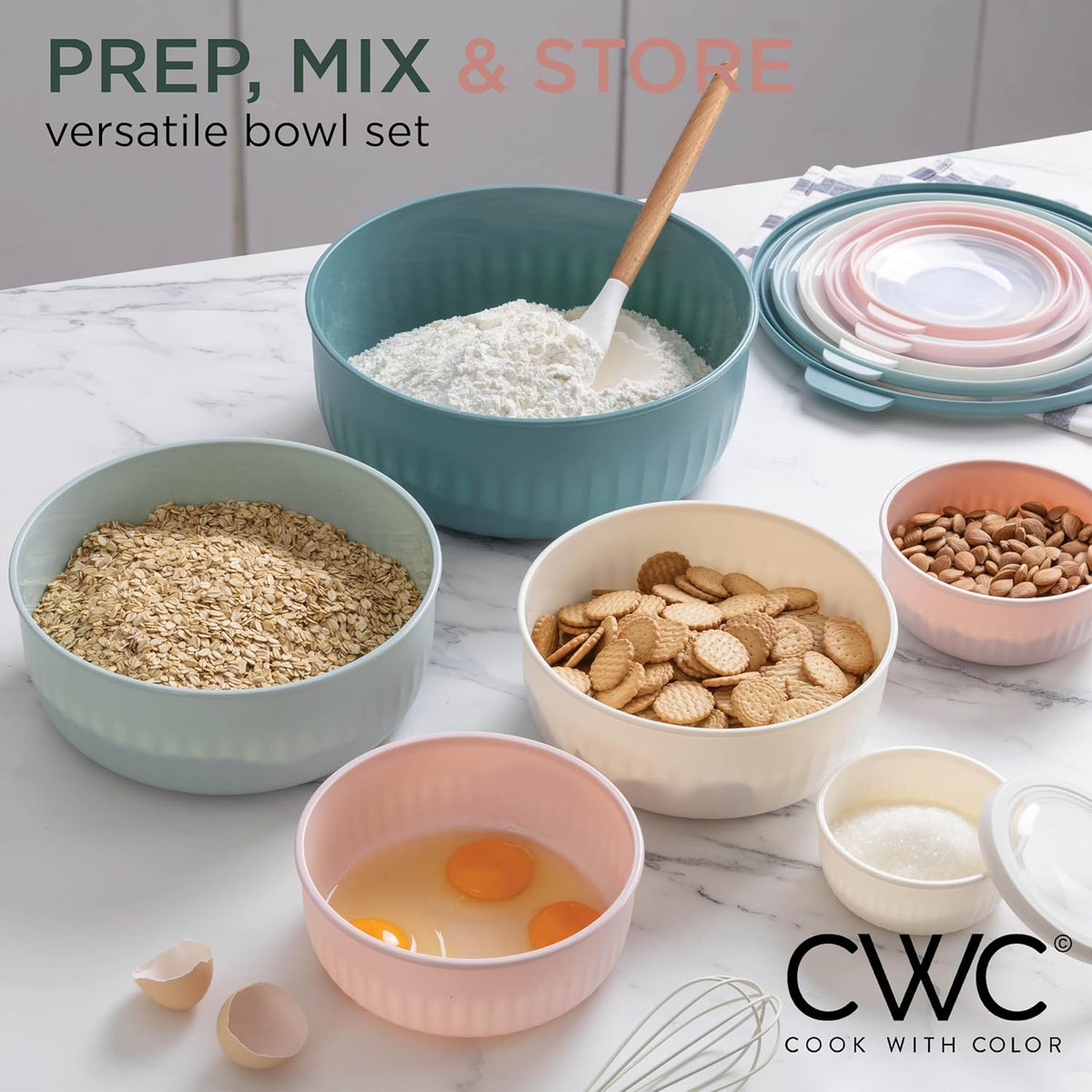 COOK WITH COLOR Prep Bowls with Lids- Wide and Deep Nesting Plastic Small Mixing Bowl Set with Lids, 12 Piece Set - Wide Bowls, Teal and Pink