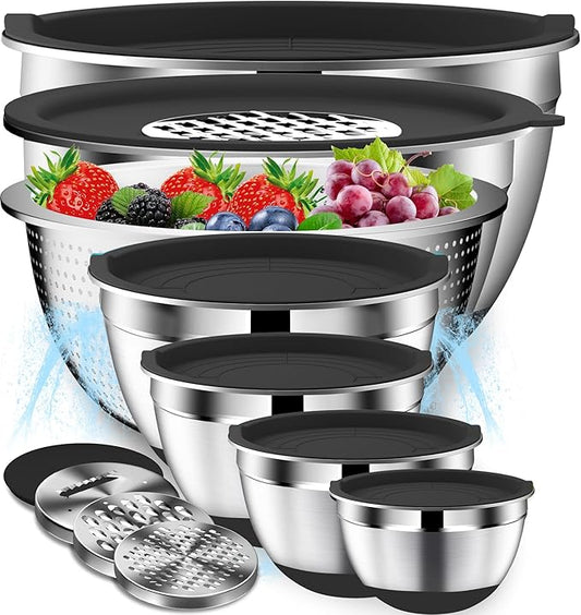 DUTZUN Mixing Bowls with Lids Set - 16pcs Stainless Steel Mixing Bowl Set with Colander, 3 Grater Attachments, Non-Slip Bottom, Metal Nesting Bowls with Strainer for Mixing & Serving - Black