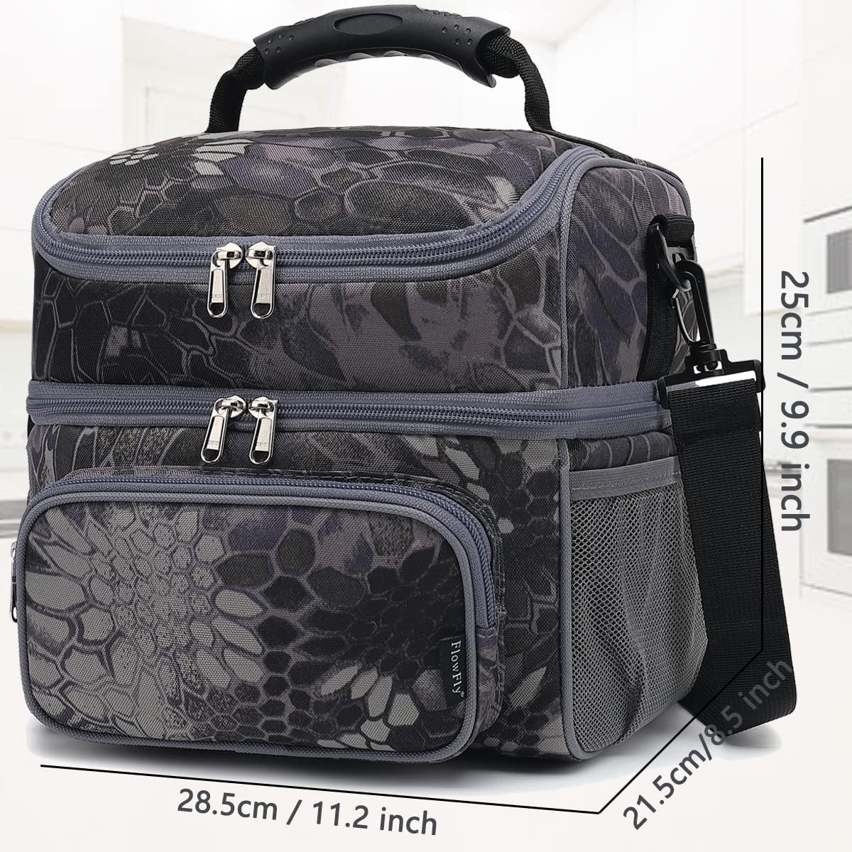 FlowFly Double Layer Cooler Insulated Lunch Bag Adult Lunch Box Large Tote Bag for Men, Women, With Adjustable Strap,Front Pocket and Dual Large Mesh Side Pockets