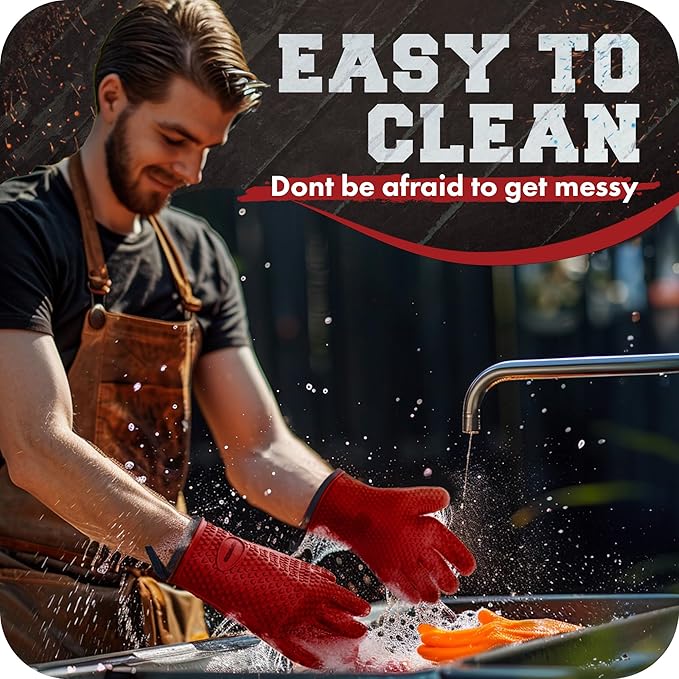 KITCHEN PERFECTION Silicone Smoker Oven Gloves - Extreme Heat Resistant BBQ Gloves - Handle Hot Food Right on Your Smoker Grill Fryer Pit | Waterproof Oven Mitts | Superior Value Set + 3 Bonuses