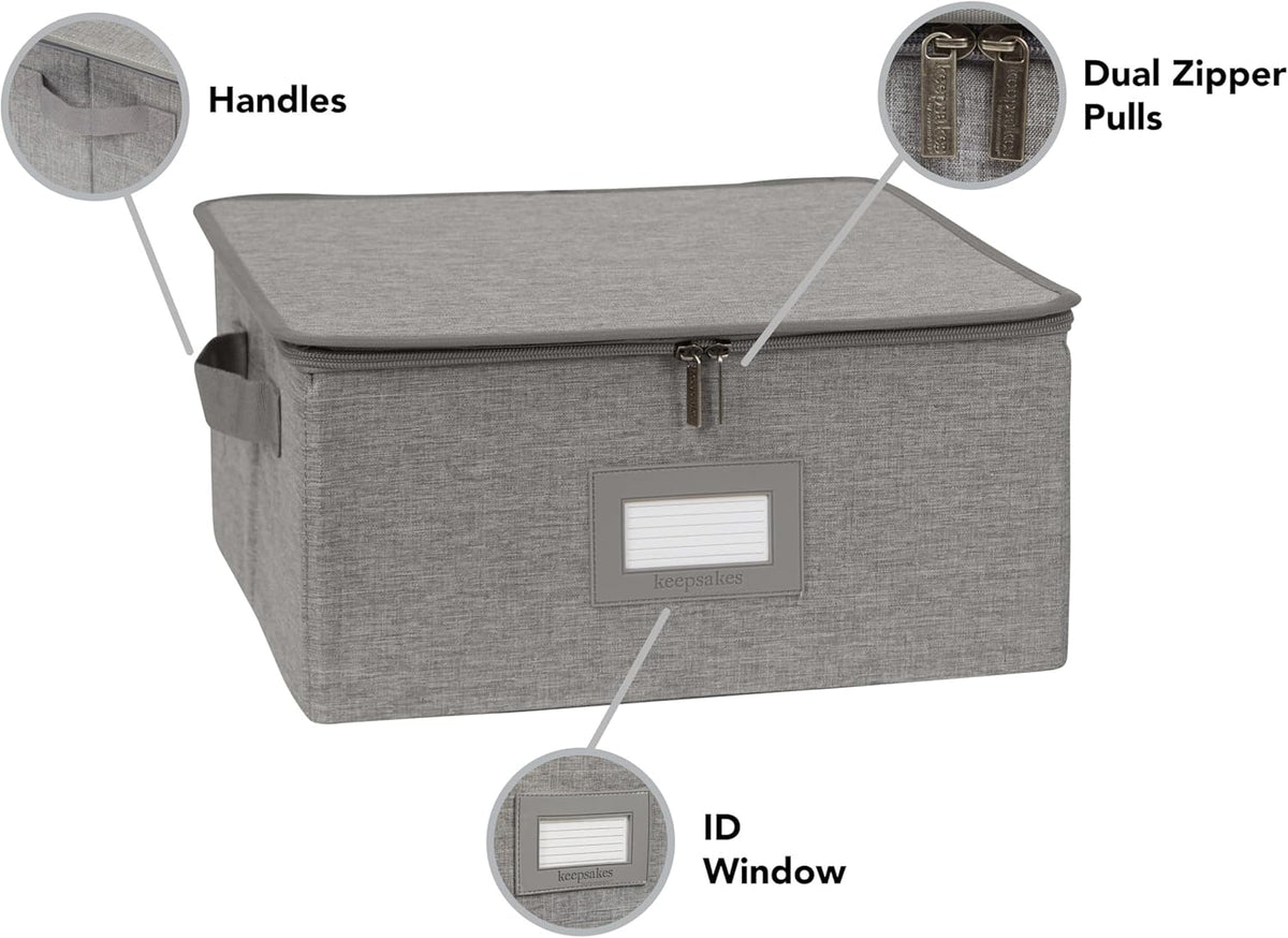 Covermates Keepsakes Dish Storage Box - Stackable, Reinforced Handles, China Storage, Grey Heather