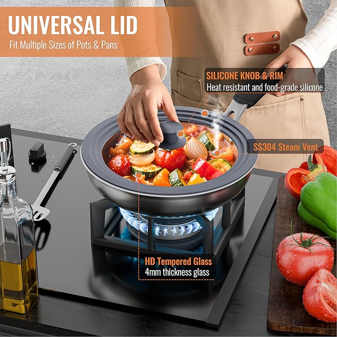 Universal Lids for Pots, Pans and Skillets, 7", 8" and 9" Pan Lid, Tempered Glass Pot Lid with Silicone Rim Heat Resistant, Replacement Pan Cover for Frying, Cookware & Bakeware Lids, Grey
