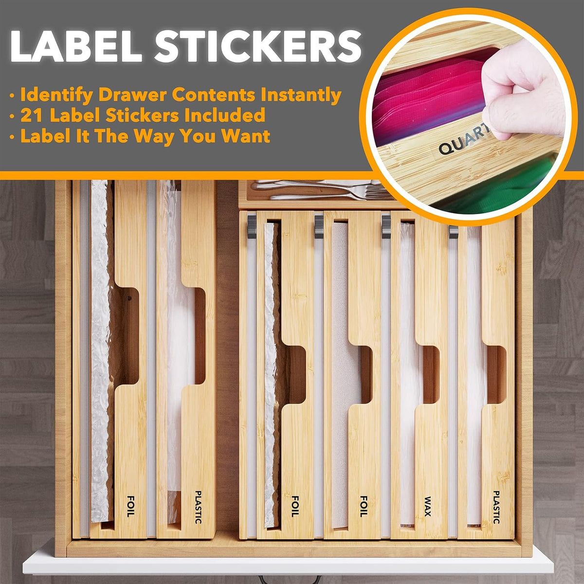 SpaceAid WrapNeat 4 in 1 Wrap Dispenser with Cutter and Labels, Plastic Wrap, Aluminum Foil and Wax Paper Dispenser for Kitchen Drawer, Bamboo Roll Organizer Holder, Compatible with 12" Roll
