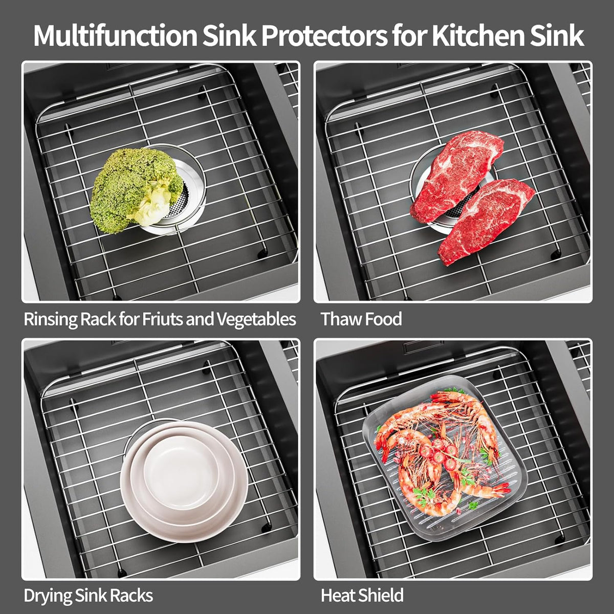 2Pack Sink Protectors for Kitchen Sink, 13’’x11-5/8’’ Stainless Steel Sink Protector with Center Drain, Rust Resistant Sink Grate for Bottom of Kitchen Sink with 2Pack Sink Drain Strainer
