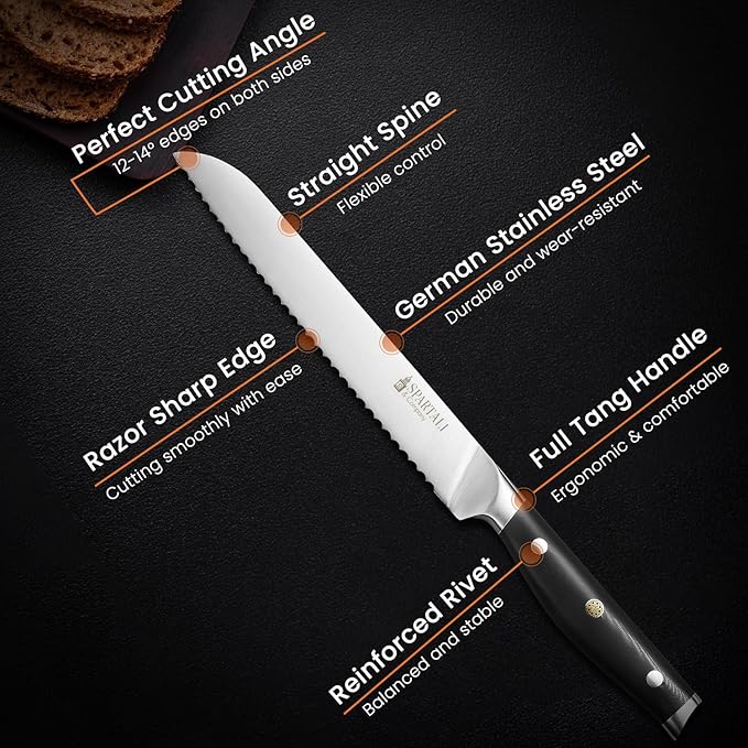 8-Inch Bread Knife – Serrated High Carbon German Stainless Steel Blade for Bread, Bagels & Pastries – Ergonomic Handle, Rust-Resistant, Ultra-Sharp Edge – Ideal for Home Bakers and Chefs.