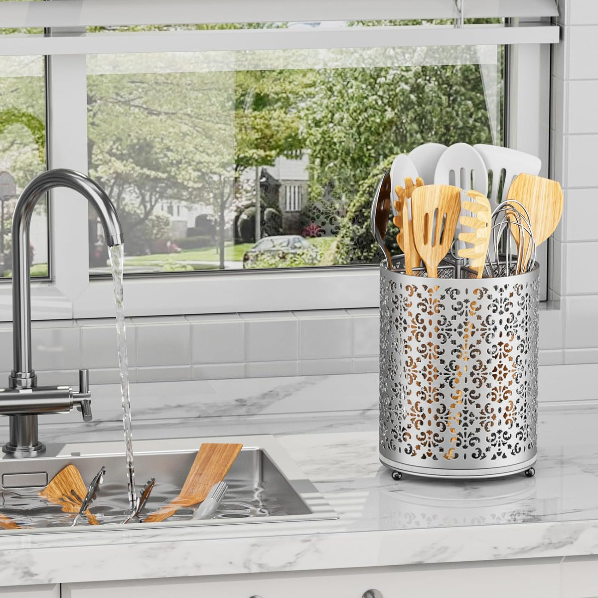 Extra Large Utensil Holder - 360° Rotating Cooking Utensils Caddy Countertop Organizer with Instant-Dry and Removable Base for Kitchen Tools