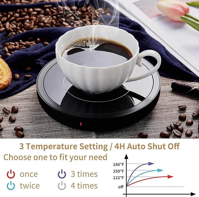 Coffee Mug Warmer for Desk 4H Auto Shut Off, Smart Coffee Cup Warmer with 3 Temperature Setting, Electric Mug Warmer Plate for Coffee, Milk, Tea (Black)